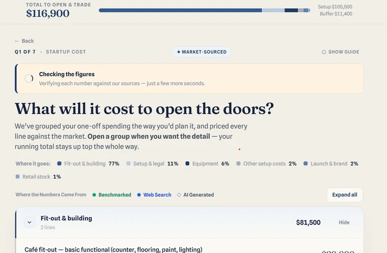 The intake questions — startup costs grouped the way you'd plan them, every line priced against the market